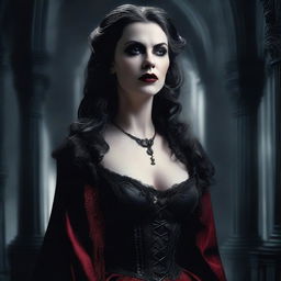 This is a high-quality digital art image, presenting a full-figure shot of a highly detailed, attractive woman in a vampire horror movie setting