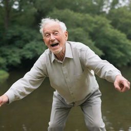 An elderly man gently floating in mid-air, a look of serene joy on his face