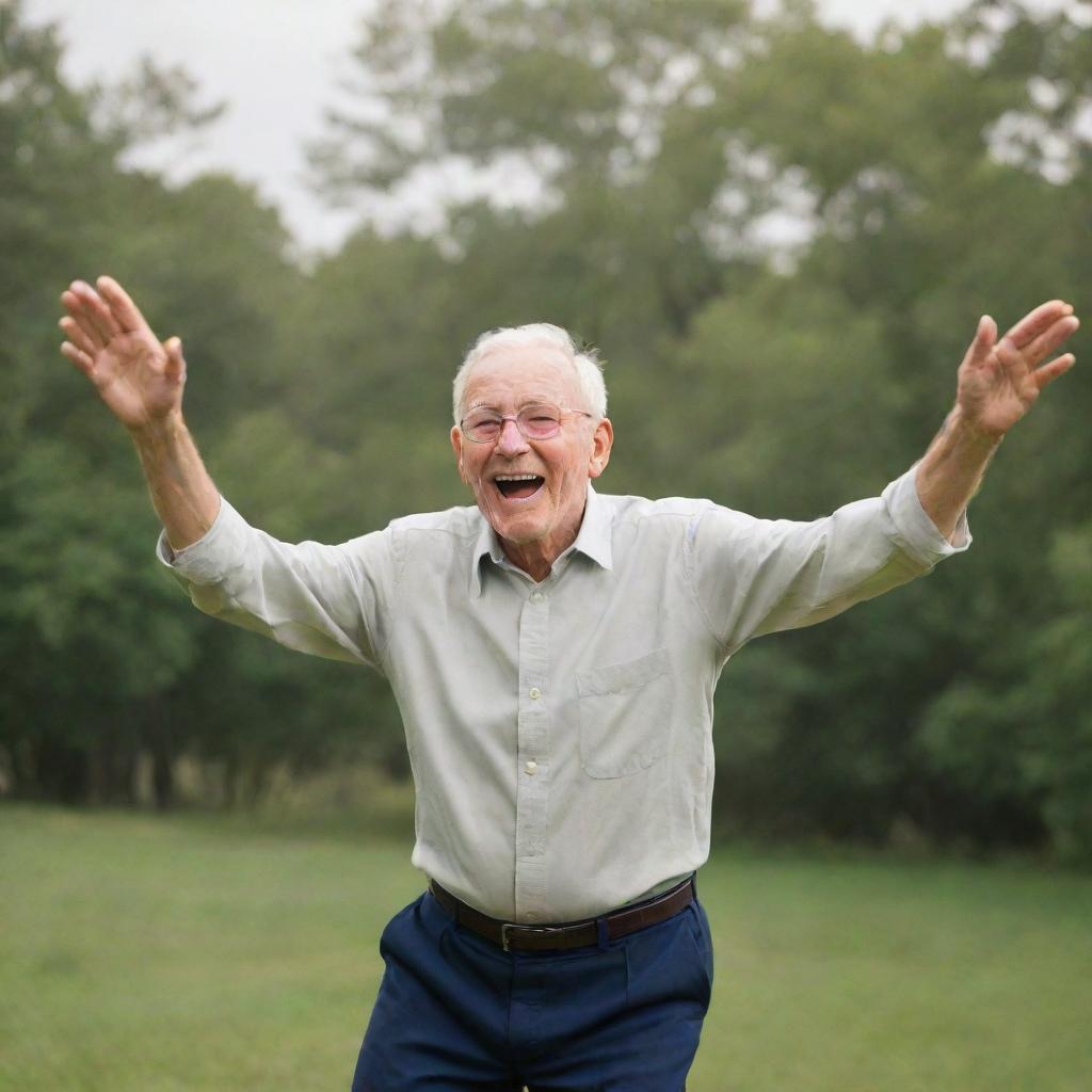 An elderly man gently floating in mid-air, a look of serene joy on his face