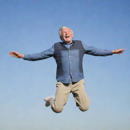 An elderly man gently floating in mid-air, a look of serene joy on his face