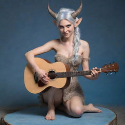 A female satyr with silver hair and blue eyes. She has horns on her head and hooves for feet, and she's playing a wooden guitar.