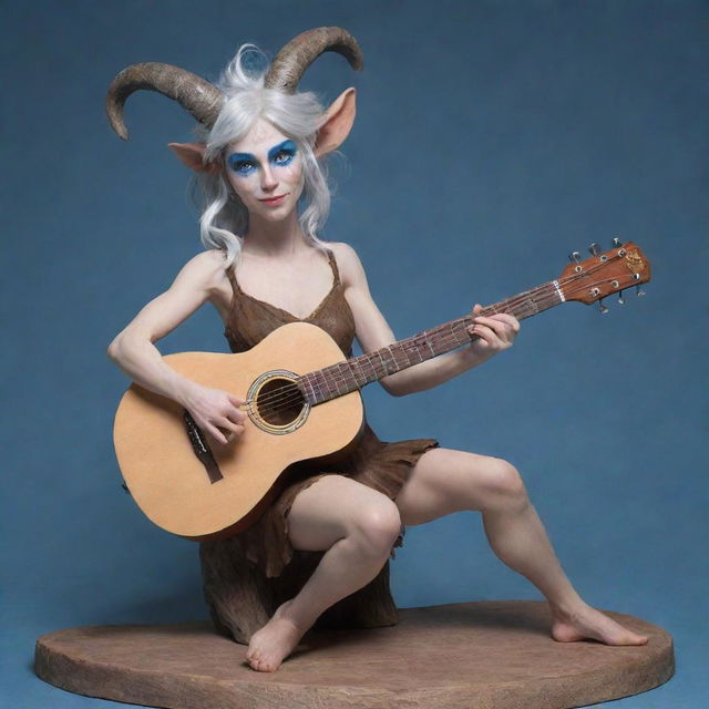 A female satyr with silver hair and blue eyes. She has horns on her head and hooves for feet, and she's playing a wooden guitar.