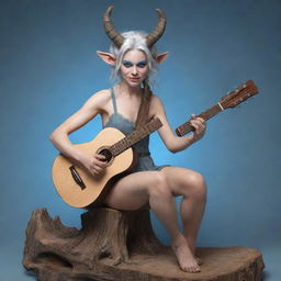 A female satyr with silver hair and blue eyes. She has horns on her head and hooves for feet, and she's playing a wooden guitar.