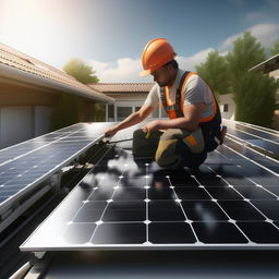 Generate a photorealistic image of a solar panel installer actively engaged in the installation process.