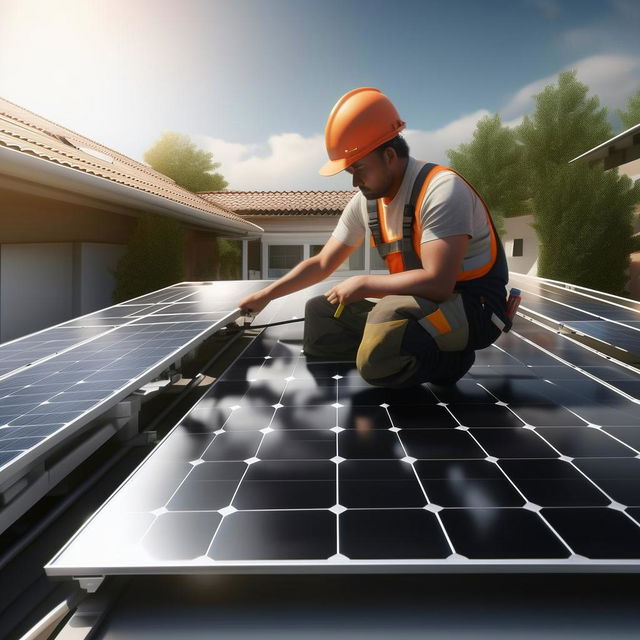 Generate a photorealistic image of a solar panel installer actively engaged in the installation process.