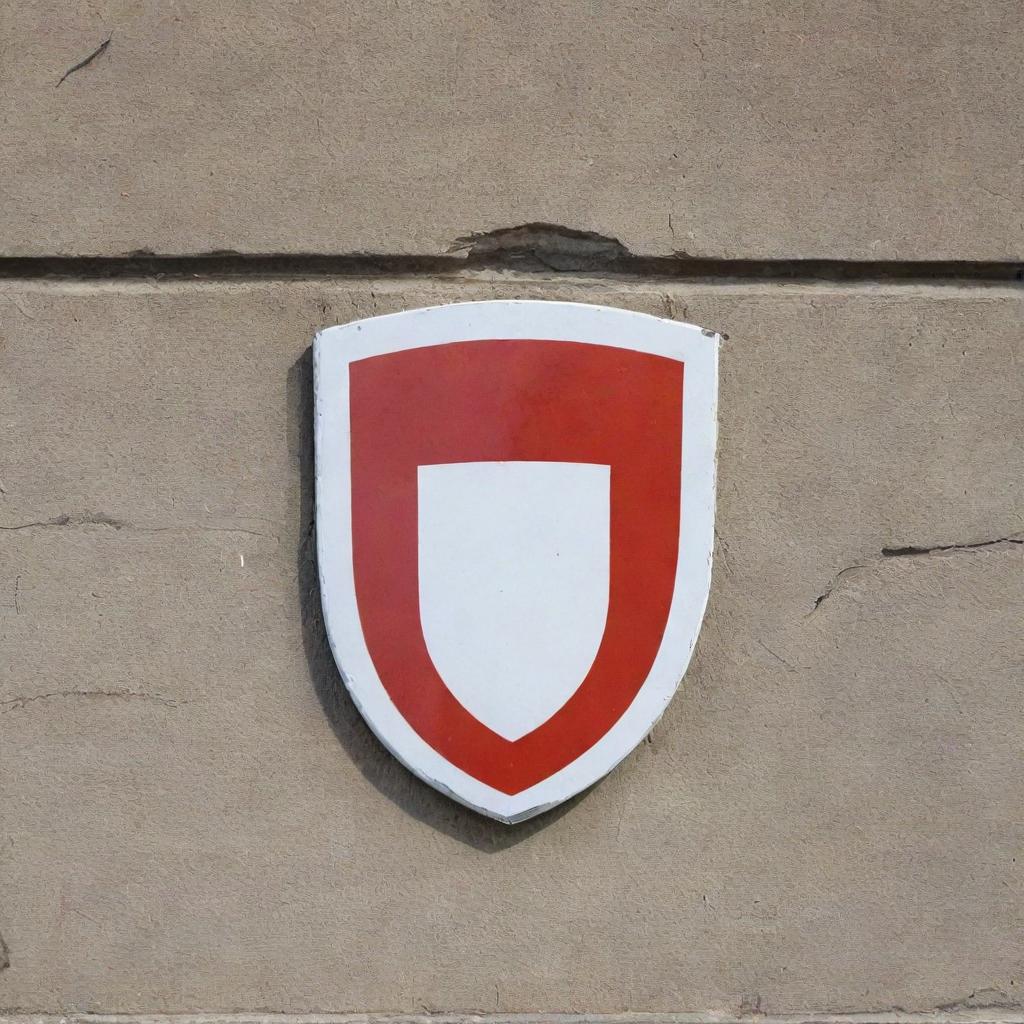 A sturdy wall with a red and white shield emblem prominently displayed.