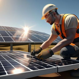 Generate a photorealistic image of a solar panel installer actively engaged in the installation process.