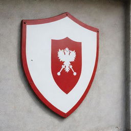 A sturdy wall with a red and white shield emblem prominently displayed.