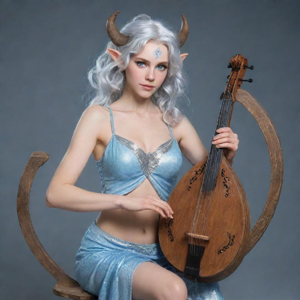 A female satyr with radiant blue eyes and shimmering silver hair. She has hooves and plays a wheel lyre.