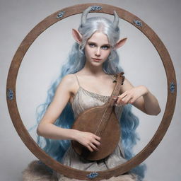 A female satyr with radiant blue eyes and shimmering silver hair. She has hooves and plays a wheel lyre.