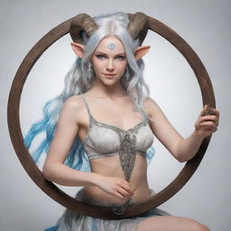 A female satyr with radiant blue eyes and shimmering silver hair. She has hooves and plays a wheel lyre.