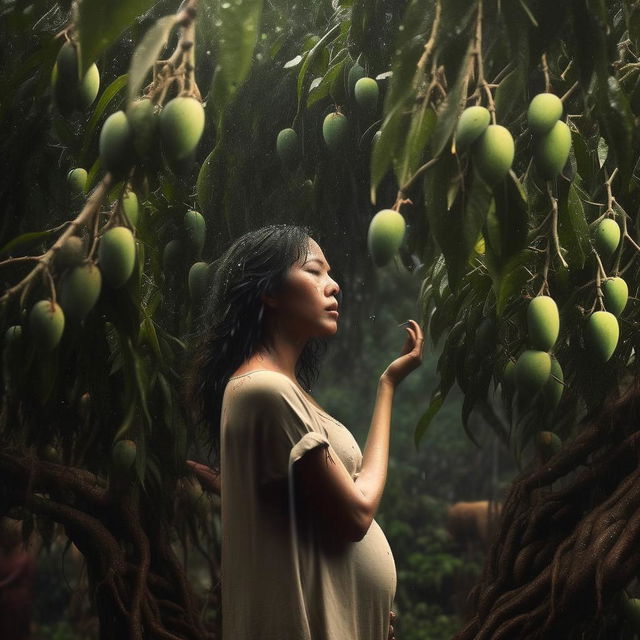 Artistic representation of a pregnant woman, enveloped by an abundance of ants, embracing a mango tree branch in the rain. The scene captures her gentle tears, observed by many, as if caught through the lens of a Canon EOS camera.