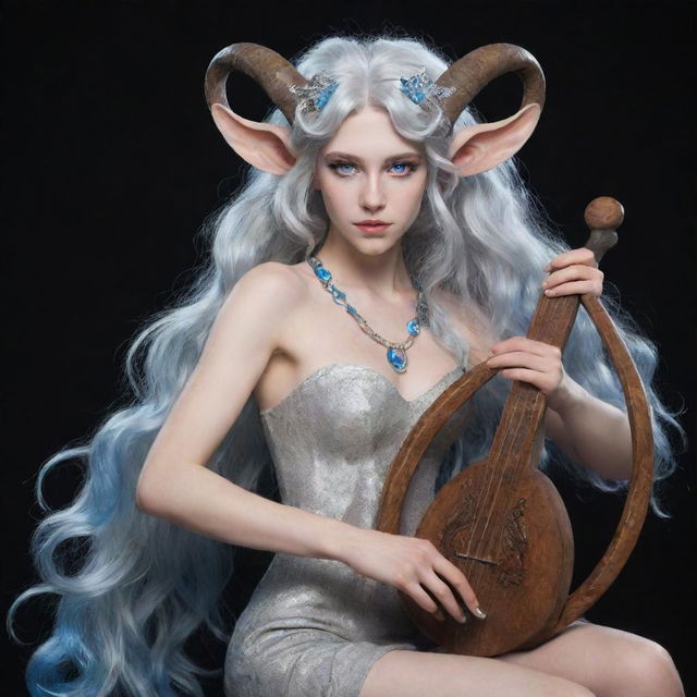 A female satyr with radiant blue eyes and shimmering silver hair. She has hooves and plays a wheel lyre.