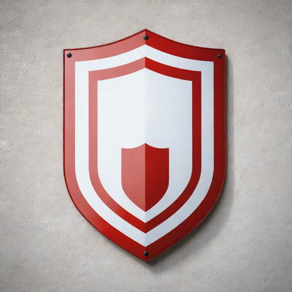 A shield emblem on a wall, with vibrant red and white colors