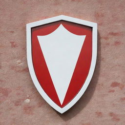 A shield emblem on a wall, with vibrant red and white colors