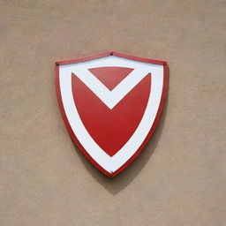 A shield emblem on a wall, with vibrant red and white colors