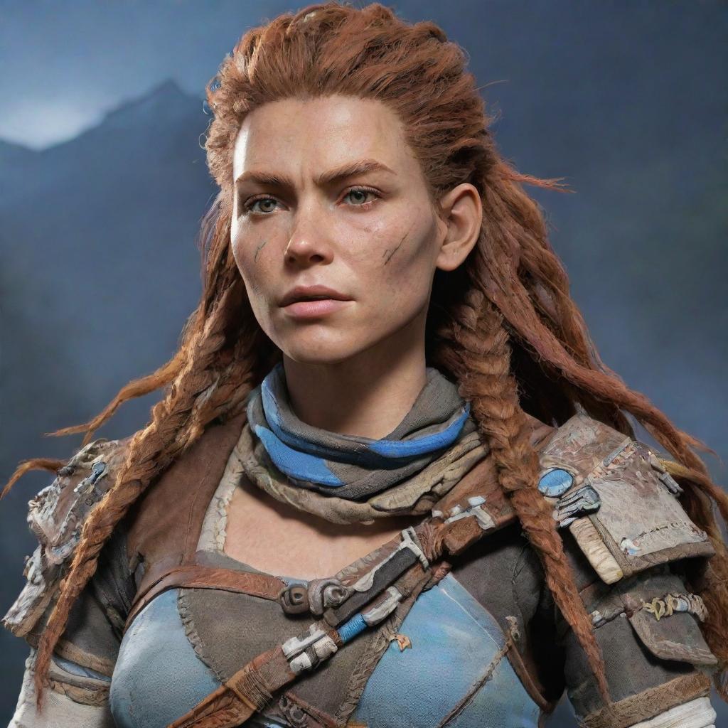 Aloy, the character from Horizon Zero Dawn, depicted as an aged yet still vital and powerful figure