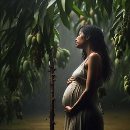 Artistic representation of a pregnant woman, enveloped by an abundance of ants, embracing a mango tree branch in the rain. The scene captures her gentle tears, observed by many, as if caught through the lens of a Canon EOS camera.