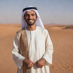 A traditional Arab man on a desert backdrop, with traditional clothing and a welcoming smile