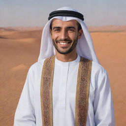 A traditional Arab man on a desert backdrop, with traditional clothing and a welcoming smile