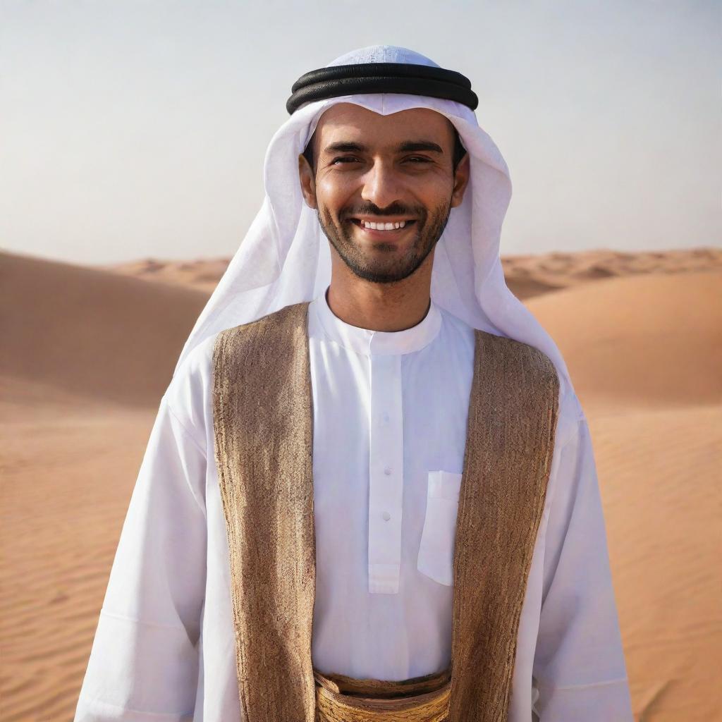 A traditional Arab man on a desert backdrop, with traditional clothing and a welcoming smile