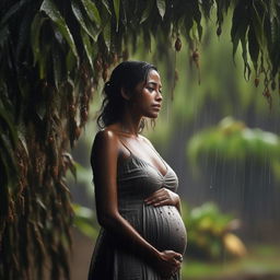 Artistic representation of a pregnant woman, enveloped by an abundance of ants, embracing a mango tree branch in the rain. The scene captures her gentle tears, observed by many, as if caught through the lens of a Canon EOS camera.