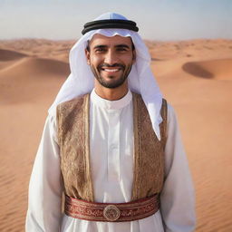 A traditional Arab man on a desert backdrop, with traditional clothing and a welcoming smile