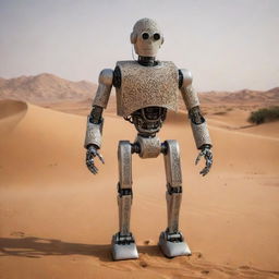 A robotic figure integrated with traditional Arabic design elements, standing amidst a desert scene