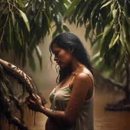 Artistic representation of a pregnant woman, enveloped by an abundance of ants, embracing a mango tree branch in the rain. The scene captures her gentle tears, observed by many, as if caught through the lens of a Canon EOS camera.