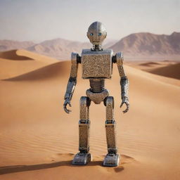 A robotic figure integrated with traditional Arabic design elements, standing amidst a desert scene