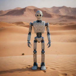 A robotic figure integrated with traditional Arabic design elements, standing amidst a desert scene