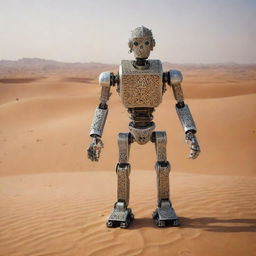 A robotic figure integrated with traditional Arabic design elements, standing amidst a desert scene