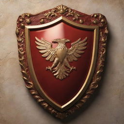 A majestic shield-shaped emblem on a wall, rendered in glossy red and gold hues.