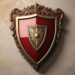 A majestic shield-shaped emblem on a wall, rendered in glossy red and gold hues.