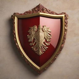 A majestic shield-shaped emblem on a wall, rendered in glossy red and gold hues.