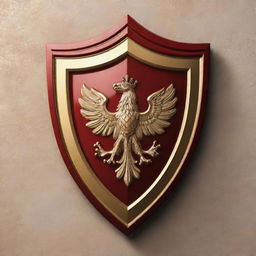 A majestic shield-shaped emblem on a wall, rendered in glossy red and gold hues.