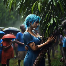 Create an art piece illustrating a pregnant woman with blue hair, who is hugging a mango tree branch, covered in ants biting her. She is gently crying under the rain, witnessed by a crowd, depicted as if photographed on a Canon EOS.