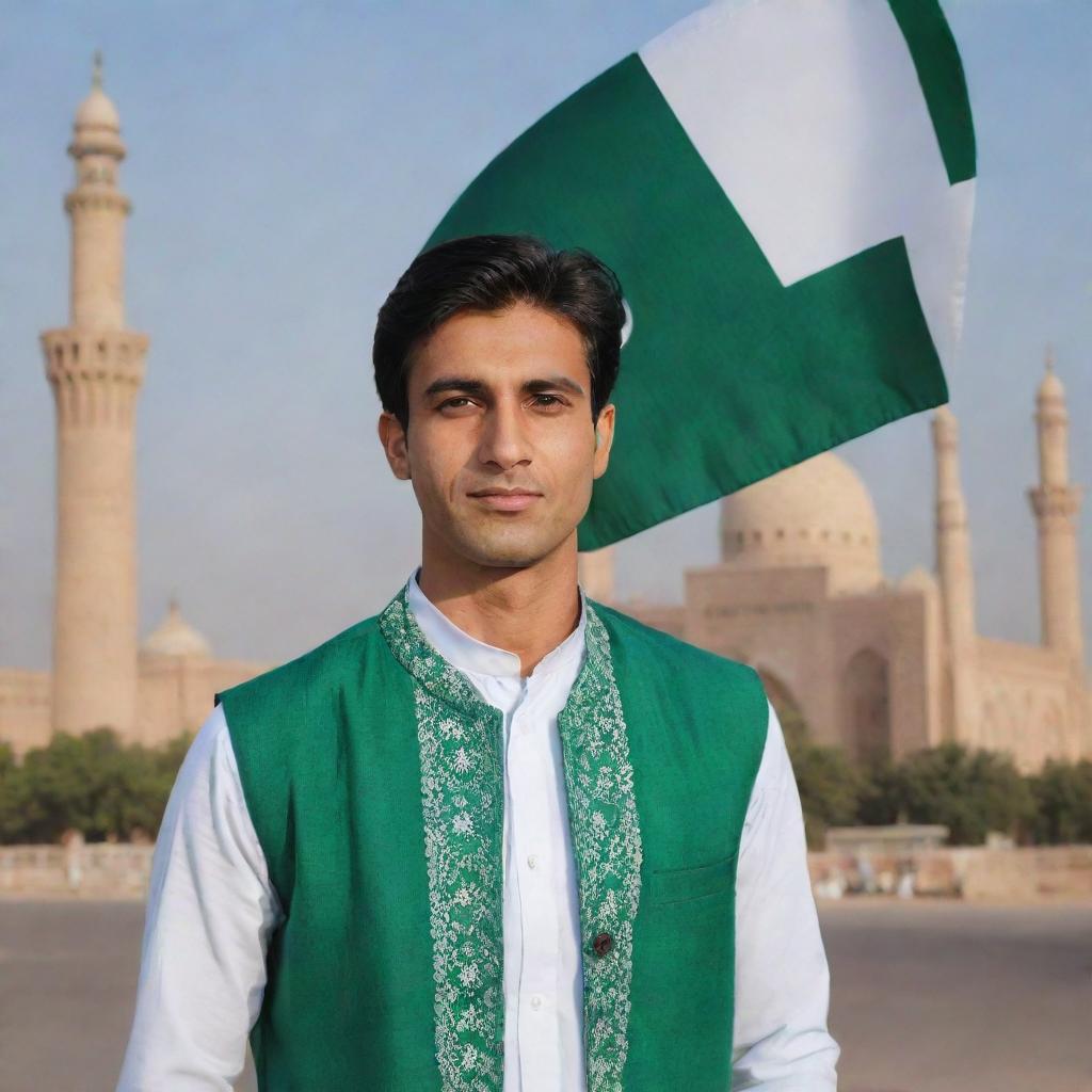 A man embodying the essence of Pakistan. Represented through traditional Pakistani clothing, the national flag colors, and landmarks subtly incorporated into the background