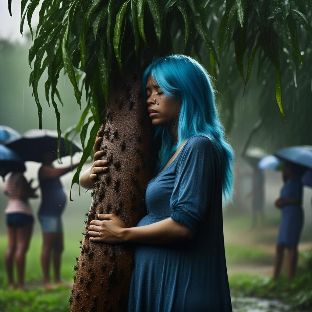 Create an art piece illustrating a pregnant woman with blue hair, who is hugging a mango tree branch, covered in ants biting her. She is gently crying under the rain, witnessed by a crowd, depicted as if photographed on a Canon EOS.