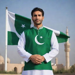 A man embodying the essence of Pakistan. Represented through traditional Pakistani clothing, the national flag colors, and landmarks subtly incorporated into the background