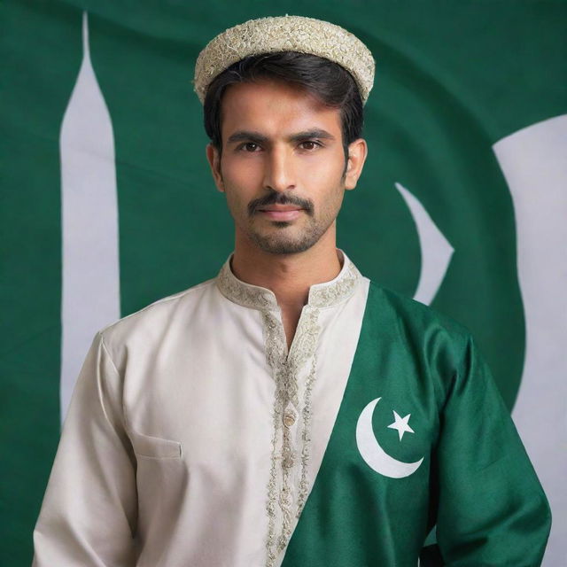 A man embodying the essence of Pakistan. Represented through traditional Pakistani clothing, the national flag colors, and landmarks subtly incorporated into the background