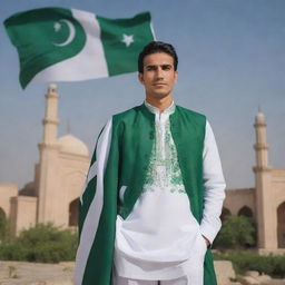 A man embodying the essence of Pakistan. Represented through traditional Pakistani clothing, the national flag colors, and landmarks subtly incorporated into the background