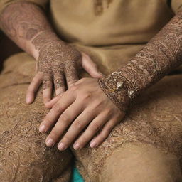 Close up shot of a man's hands, with details like henna designs or jewelry that signify traditional Pakistani culture