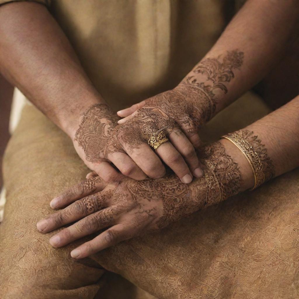 Close up shot of a man's hands, with details like henna designs or jewelry that signify traditional Pakistani culture