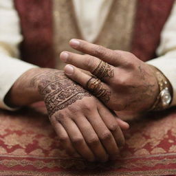 Close up shot of a man's hands, with details like henna designs or jewelry that signify traditional Pakistani culture