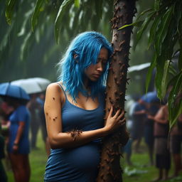 Create an art piece illustrating a pregnant woman with blue hair, who is hugging a mango tree branch, covered in ants biting her. She is gently crying under the rain, witnessed by a crowd, depicted as if photographed on a Canon EOS.