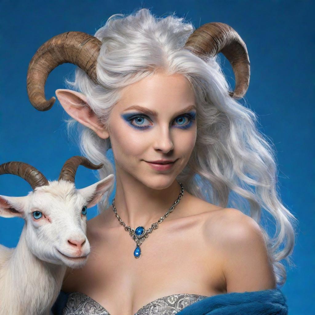 A charismatic female satyr with mesmerizing blue eyes and silver hair, having goat's hooves and tail. She vibrantly plays a small baraban.