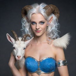 A charismatic female satyr with mesmerizing blue eyes and silver hair, having goat's hooves and tail. She vibrantly plays a small baraban.