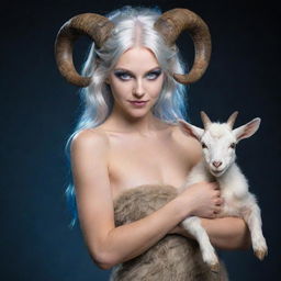 A charismatic female satyr with mesmerizing blue eyes and silver hair, having goat's hooves and tail. She vibrantly plays a small baraban.