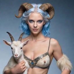 A charismatic female satyr with mesmerizing blue eyes and silver hair, having goat's hooves and tail. She vibrantly plays a small baraban.